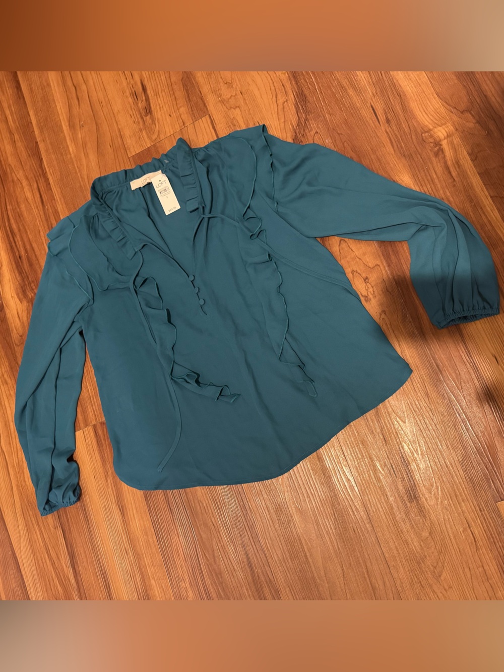 LOFT Teal Ruffle Tie-Neck Blouse